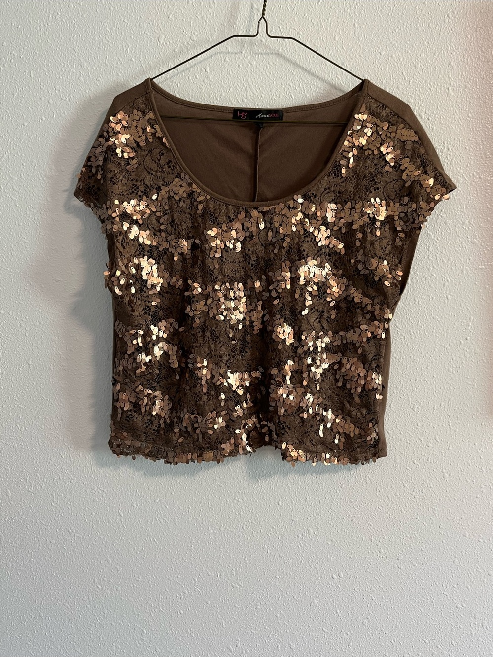 Heart Soul Brown Sequin Lace Short Sleeve Top Size Large